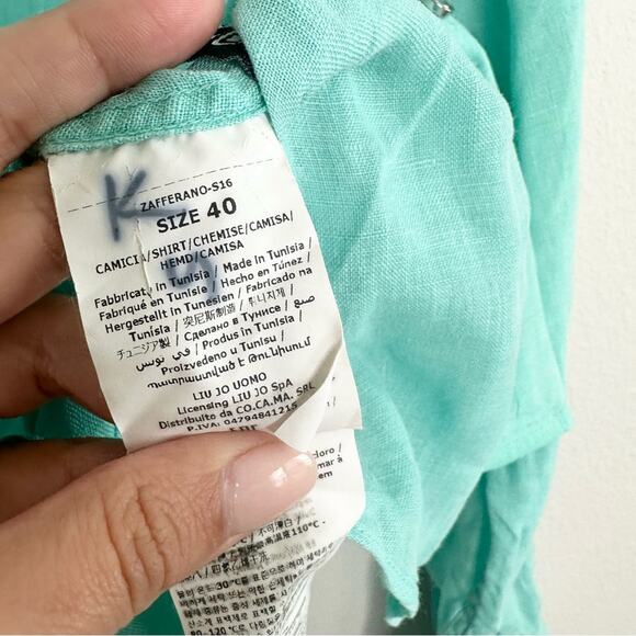 Liu Jo Men’s 100% Linen Long Sleeve Button down Shirt Men's size 40 Turquoise - Picture 4 of 5